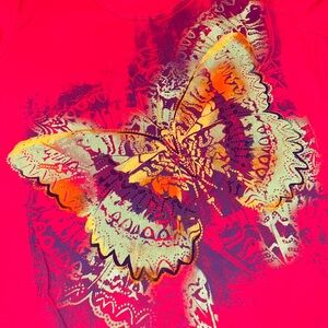 Hot Pink Summer Glittering Butterfly Short Plus Size Sleeve Tee